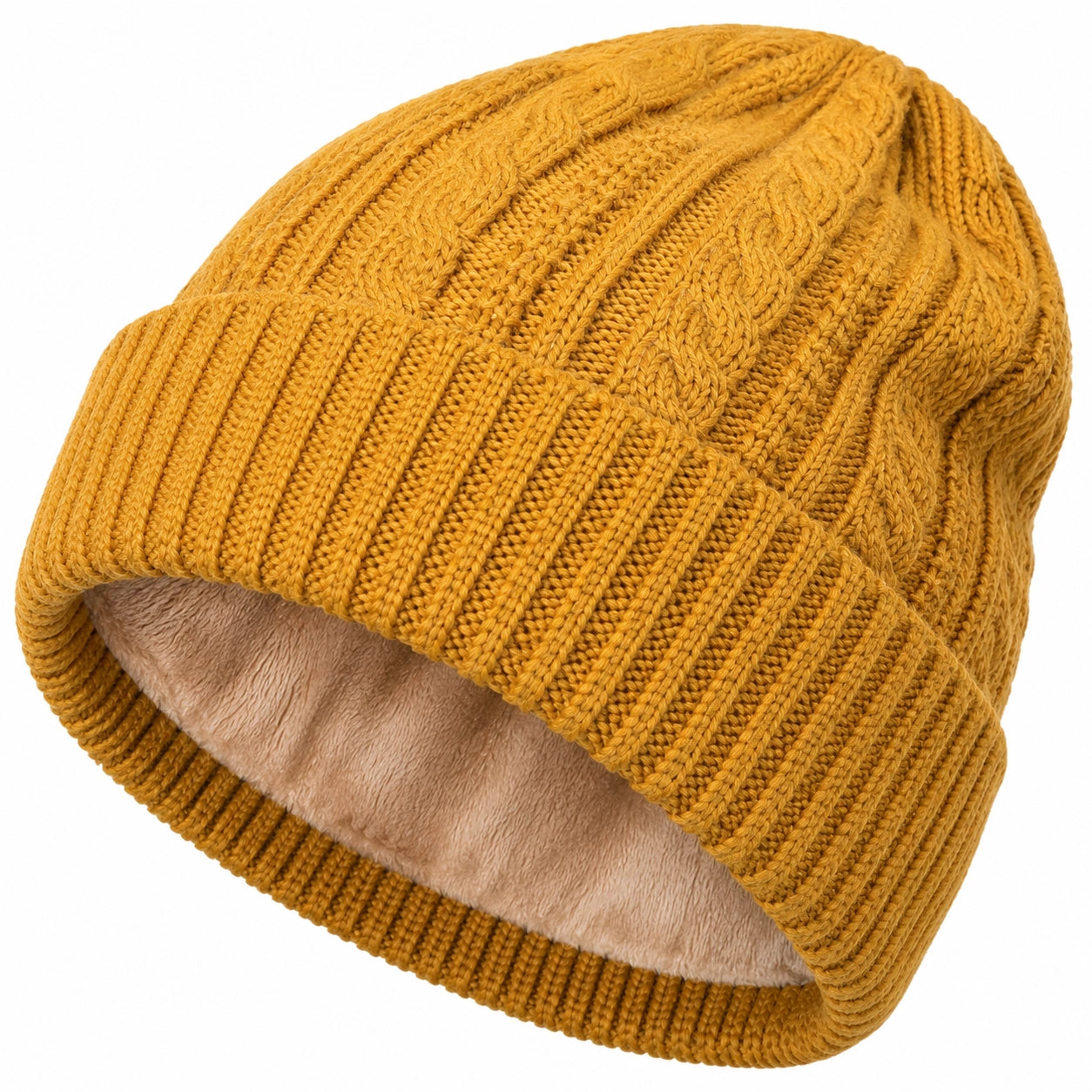 Bonnet tricoté doublé chaud jaune moutarde