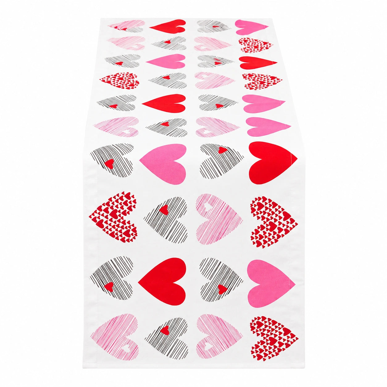 Chemin de table avec motifs de cœurs en rouge, rose et noir