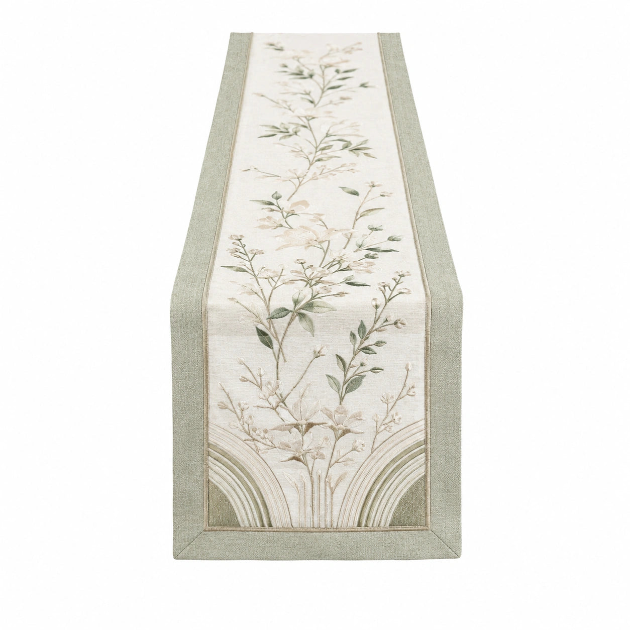 Chemin de Table Brodé Floral Beige et Vert 40x160 cm