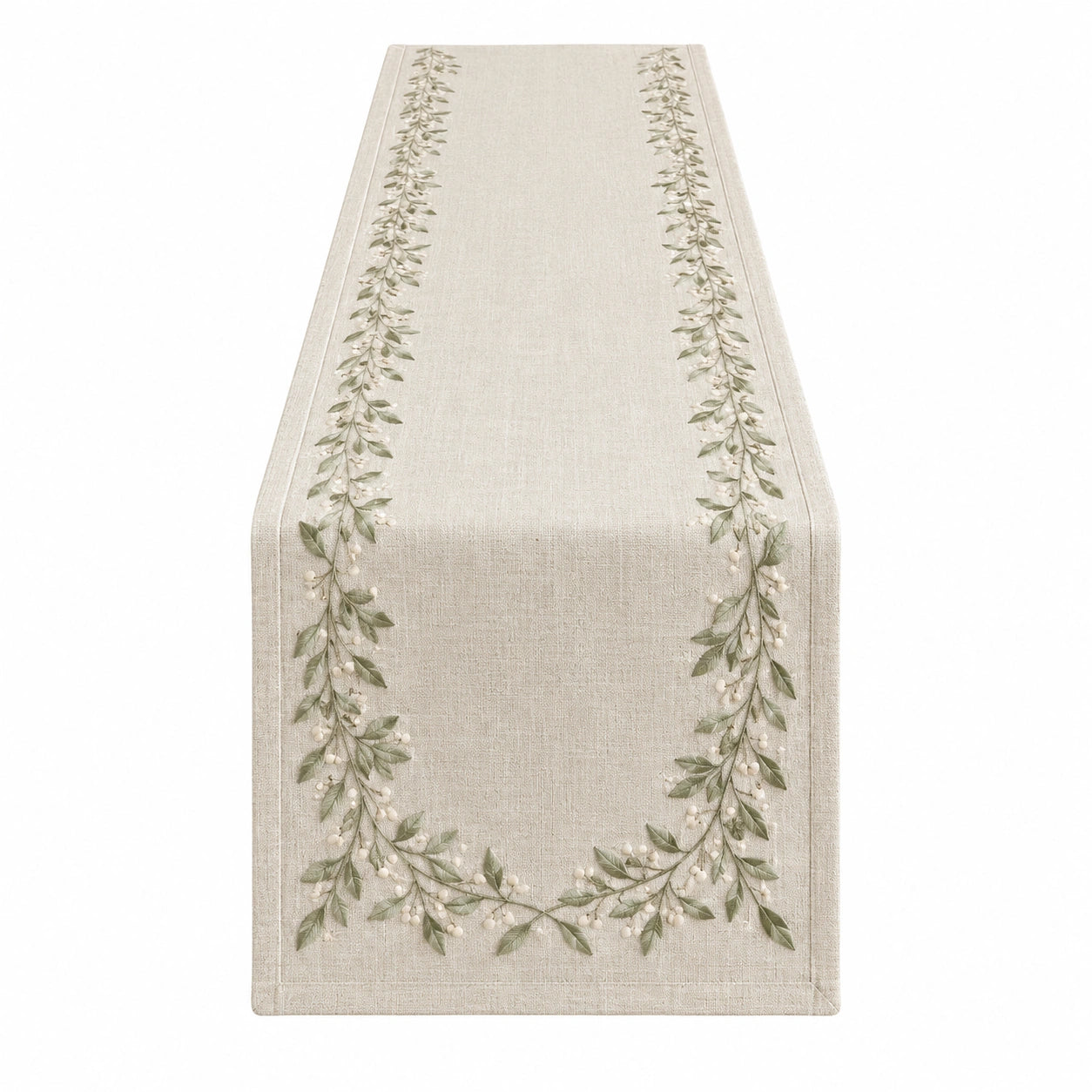 Chemin de Table à Motif Brodé Feuillage 180x35cm Beige et Vert