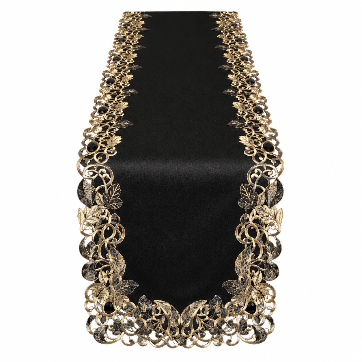 Chemin de table noir avec dentelle dorée florale